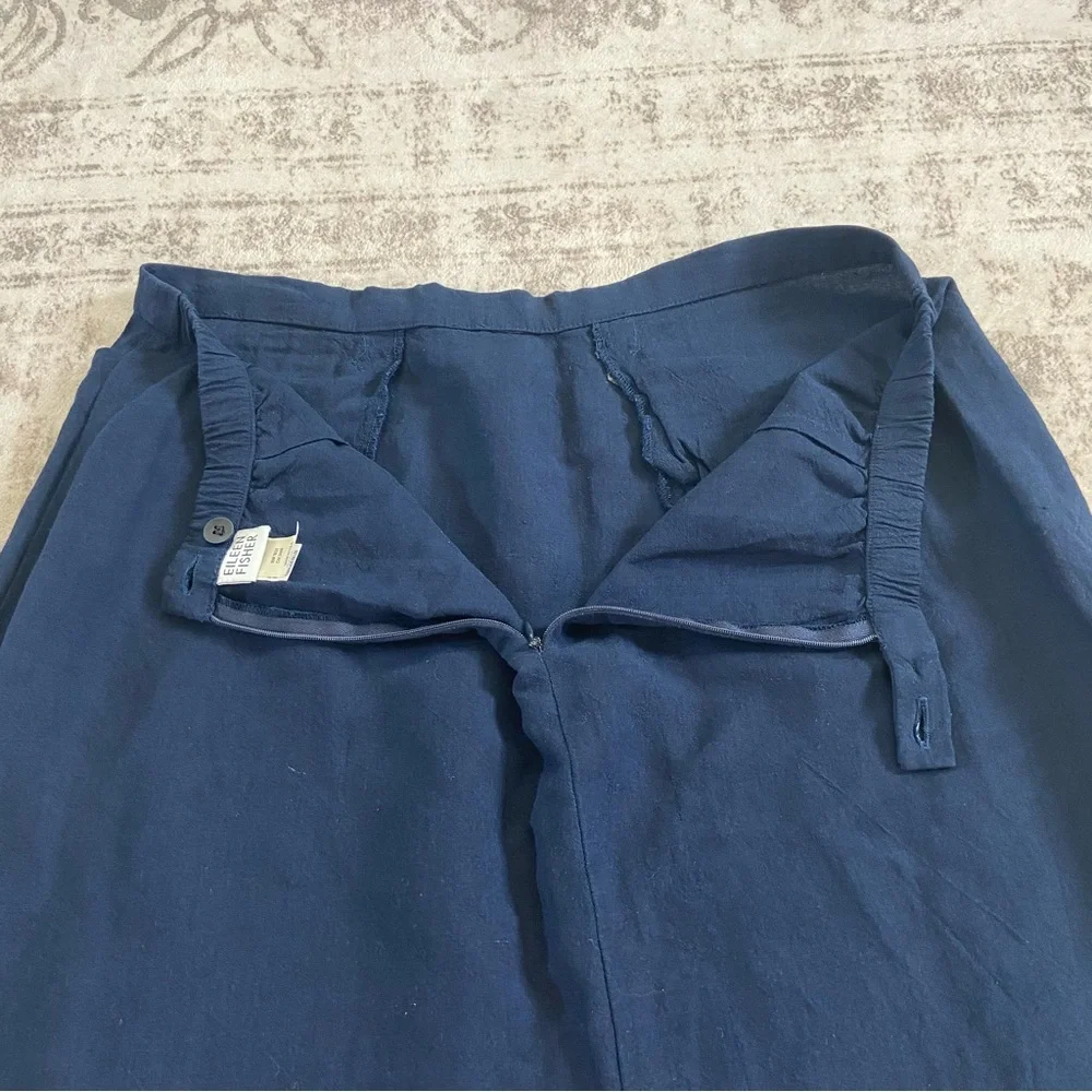 Eileen Fisher Navy Linen Blend Flowy‎ Knee Length Skirt with Pockets Large